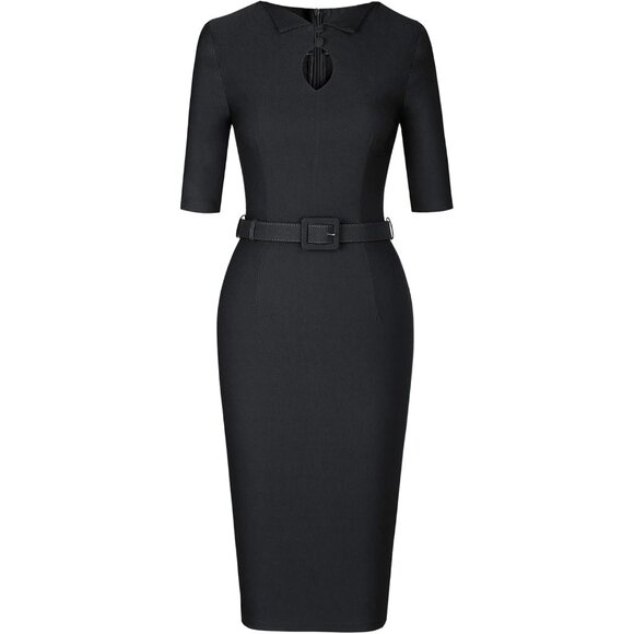 Women's Vintage 1950s Style Sheath Dress with Belt for Formal Work Celebrations - Picture 8 of 9